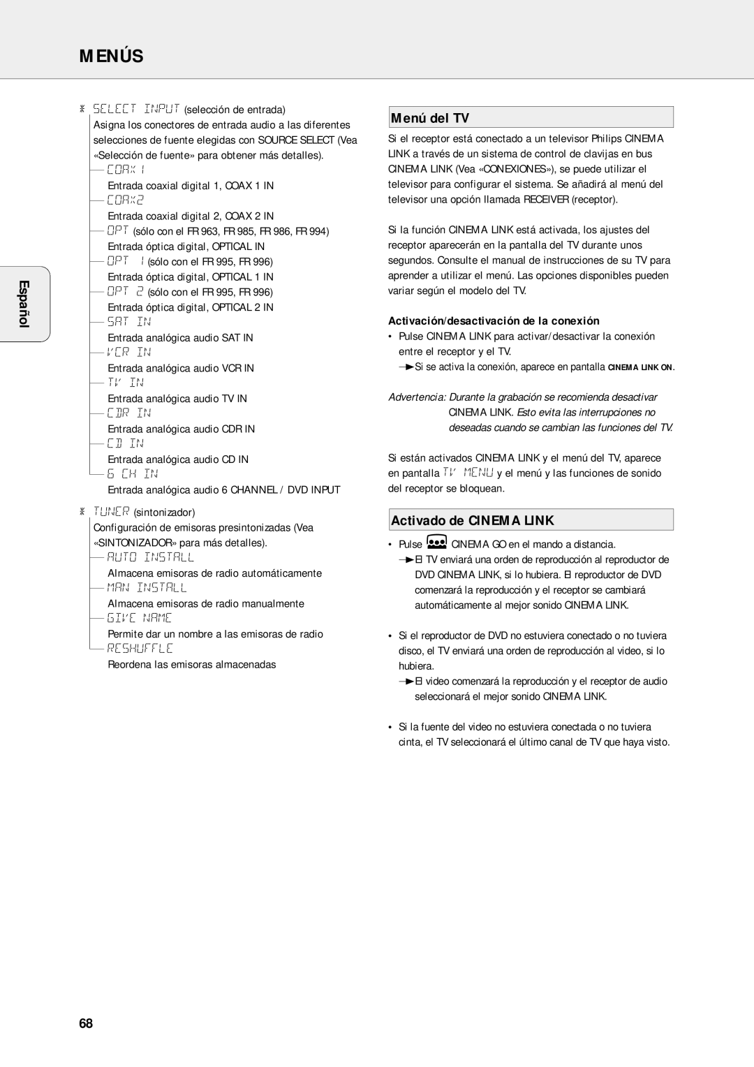 Philips FR-986, FR-995, FR-985, FR-994, FR-963 Menú del TV, Activado de Cinema Link, Activación/desactivación de la conexión 