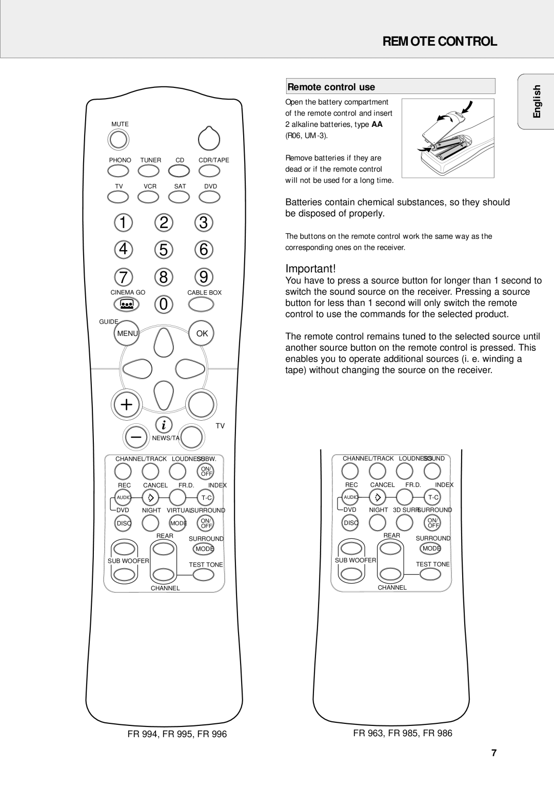 Philips FR-994, FR-995, FR-985 Remote Control, Remote control use English, FR 994, FR 995, FR, Remote control and insert 