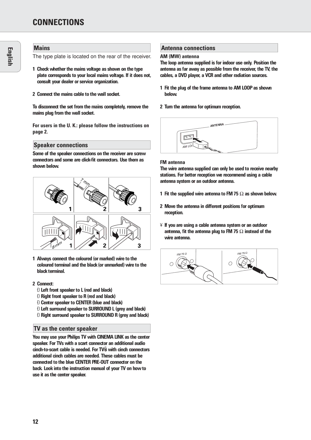 Philips FR970, FR960 manual English Mains, Speaker connections, TV as the center speaker Antenna connections 