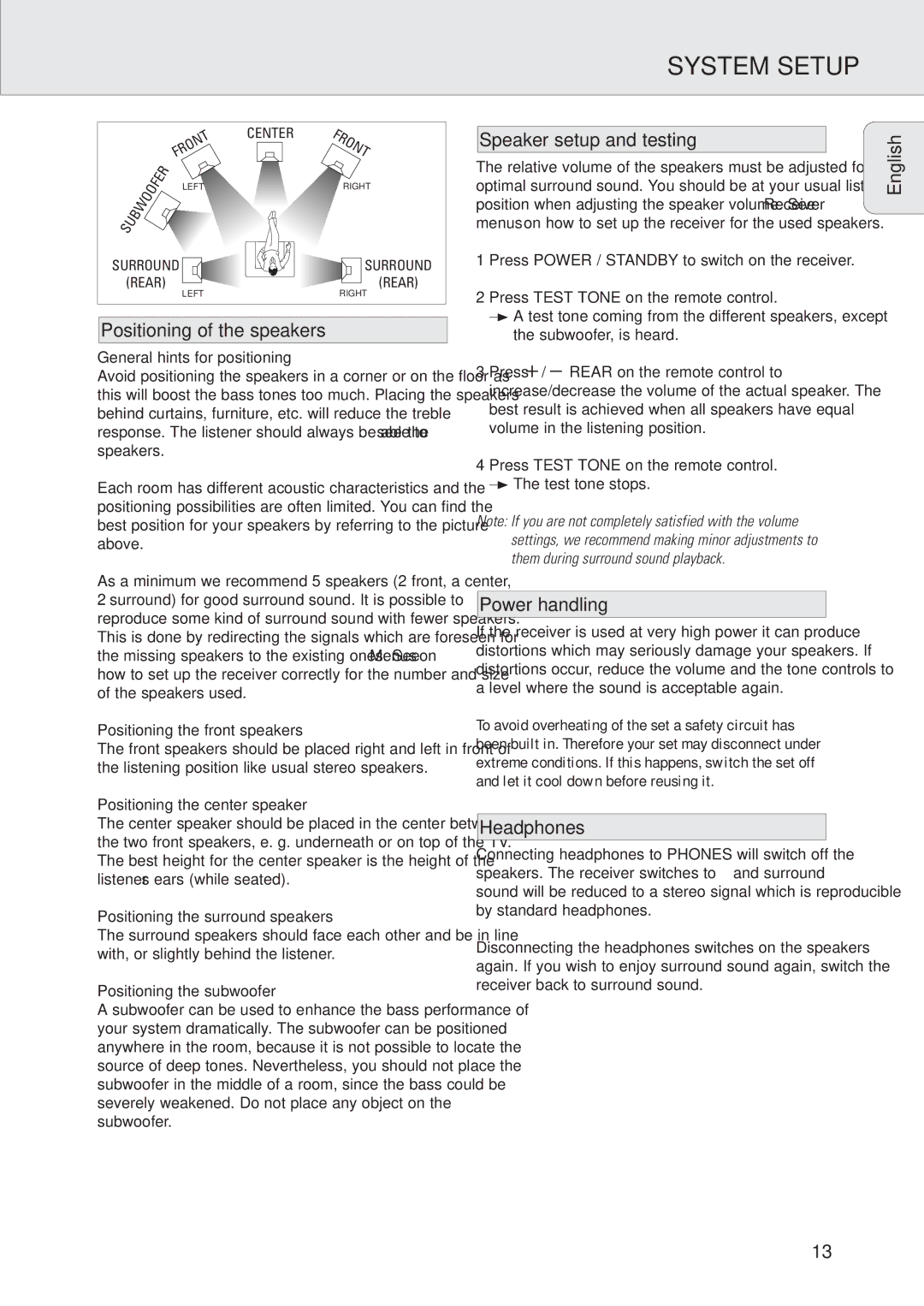 Philips FR960 System Setup, Speaker setup and testing, English Positioning of the speakers, Power handling, Headphones 