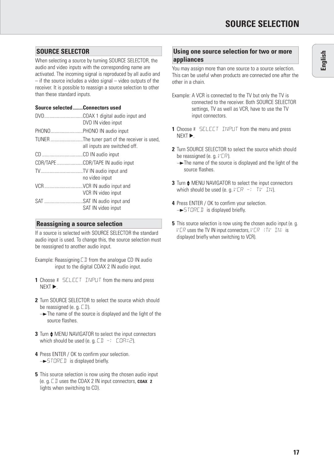 Philips FR960 Source Selection, Reassigning a source selection, Using one source selection for two or more appliances 