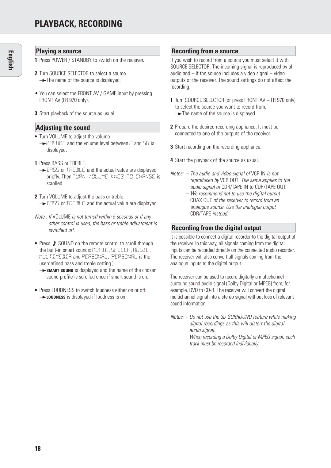 Philips FR970, FR960 manual PLAYBACK, Recording, English Playing a source, Adjusting the sound, Recording from a source 