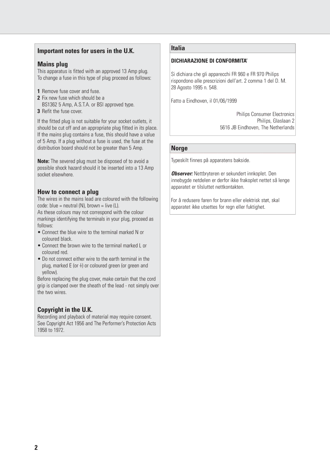 Philips FR970 Important notes for users in the U.K Mains plug, How to connect a plug, Copyright in the U.K, Italia, Norge 