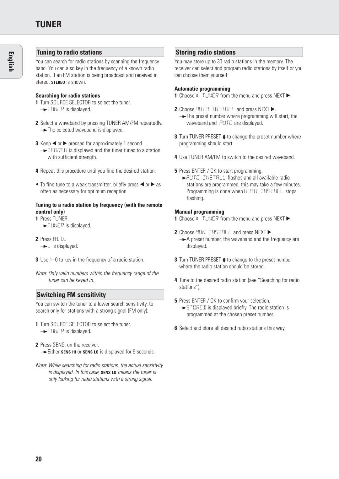 Philips FR970, FR960 manual Tuner, English Tuning to radio stations, Switching FM sensitivity, Storing radio stations 