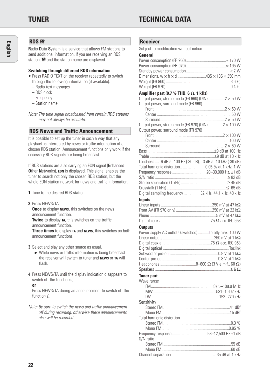 Philips FR970 manual Tuner Technical Data, RDS News and Traffic Announcement, Receiver 