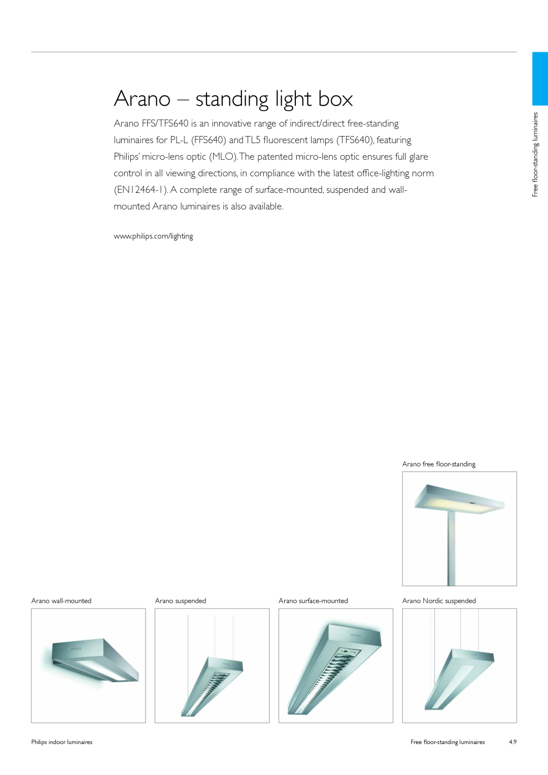Philips Free Floor-Standing Luminaires manual Arano - standing light box, Arano free floor-standing, Arano wall-mounted 