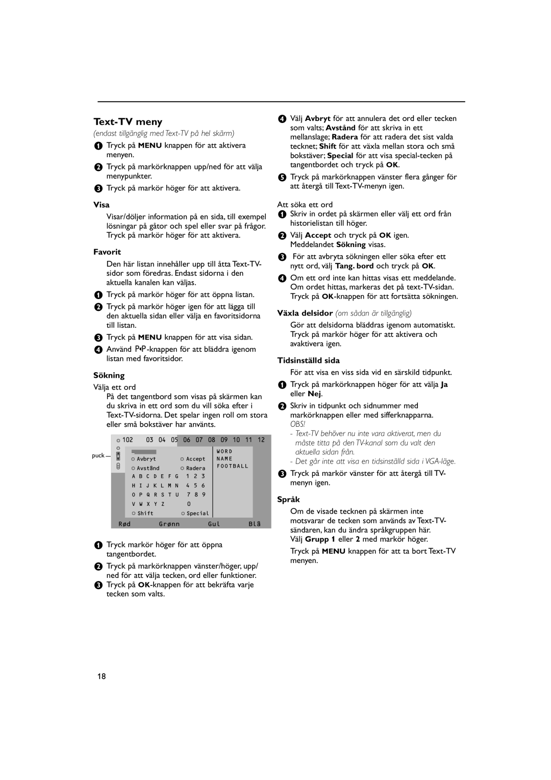 Philips FTR 9965/12 manual Text-TV meny, Visa, Favorit, Sökning, Tidsinställd sida 