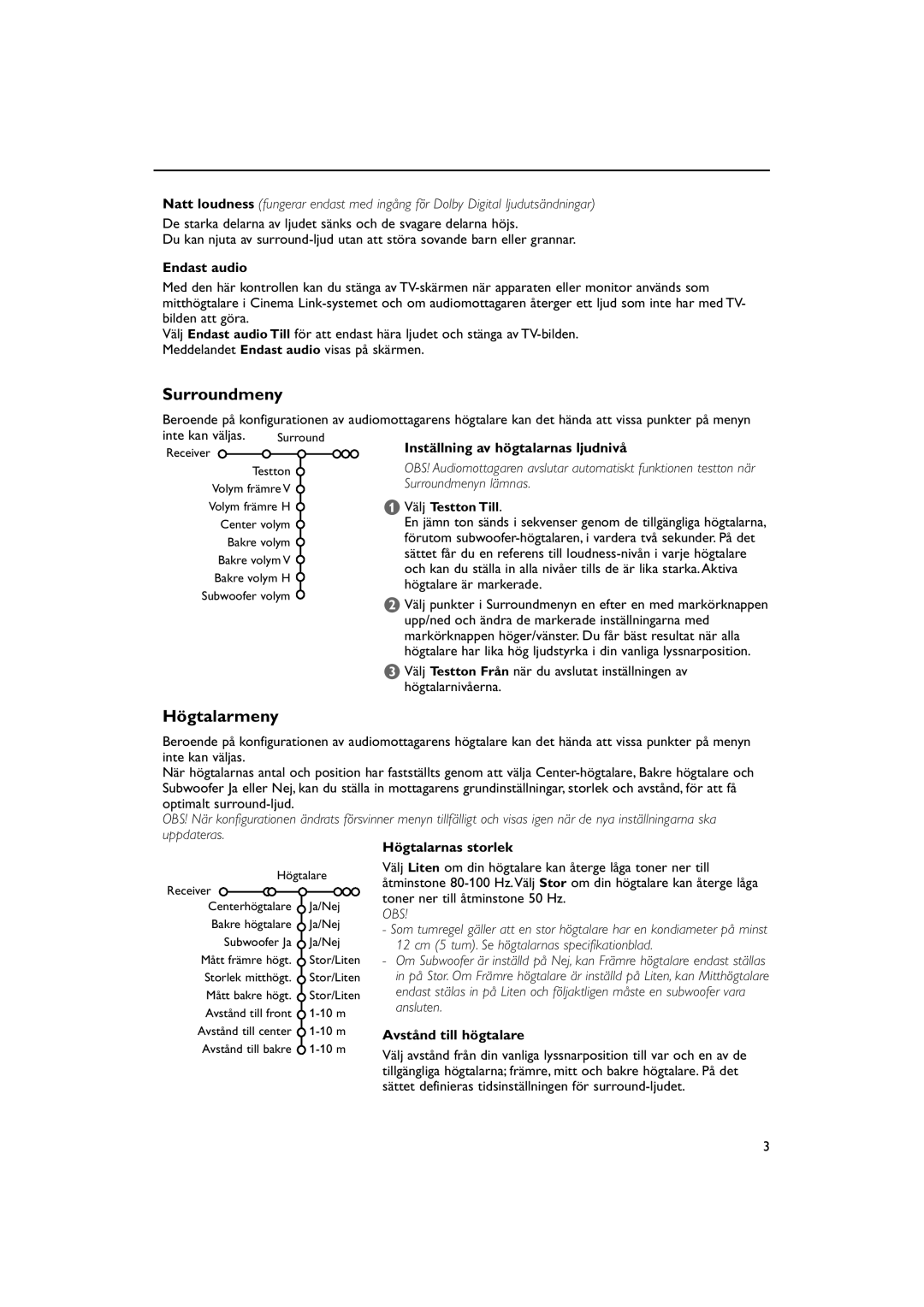 Philips FTR 9965/12 manual Surroundmeny, Högtalarmeny 