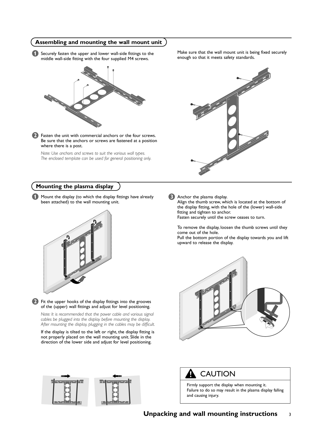 Philips FTR 9965/12 manual Assembling and mounting the wall mount unit, Mounting the plasma display 