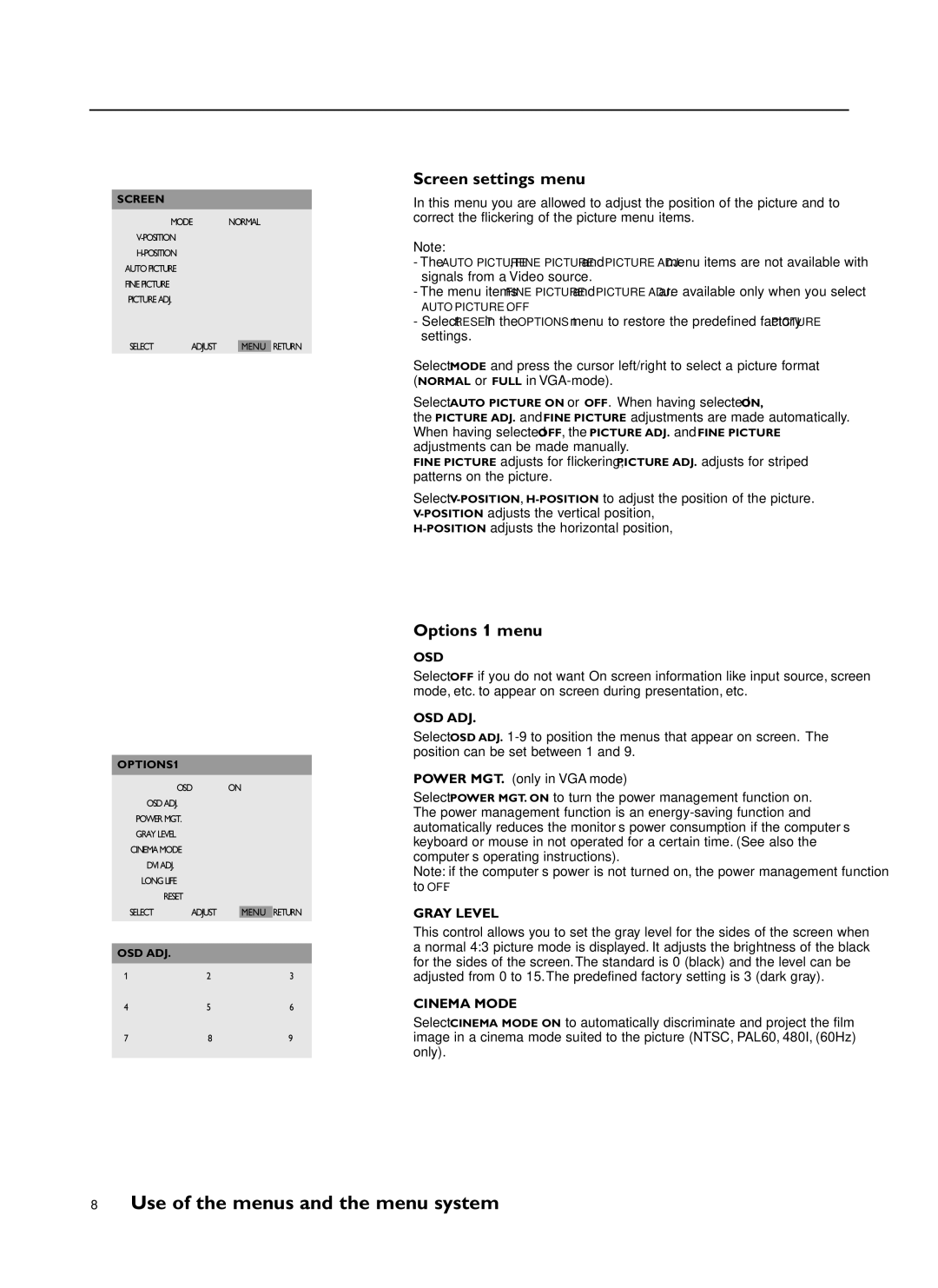 Philips FTR 9965/12 manual Screen settings menu, Options 1 menu 