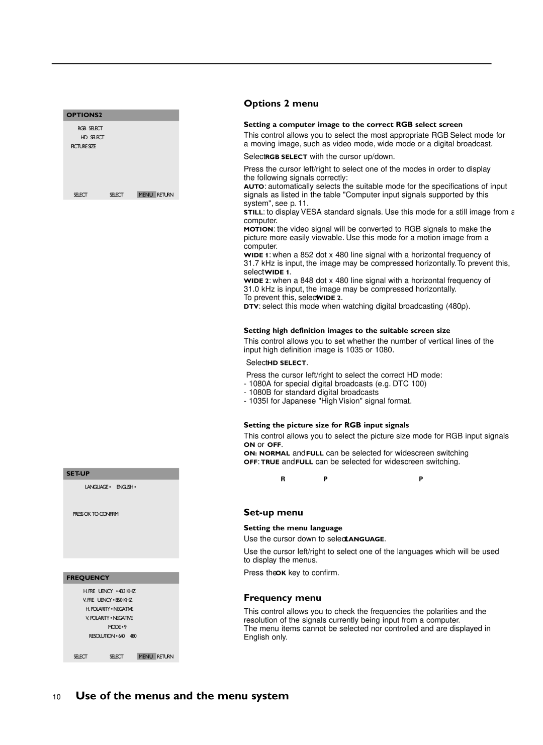 Philips FTR 9965/12 manual Options 2 menu, Setting a computer image to the correct RGB select screen, Select HD Select 