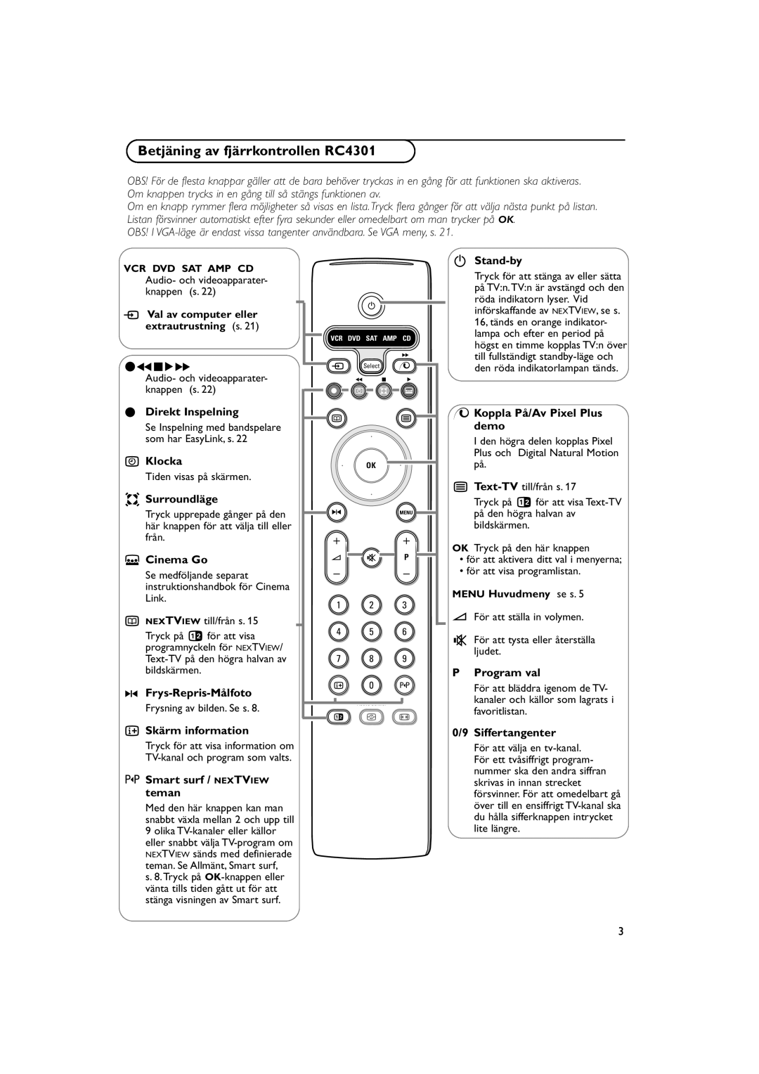 Philips FTR 9965/12 manual Betjäning av fjärrkontrollen RC4301 