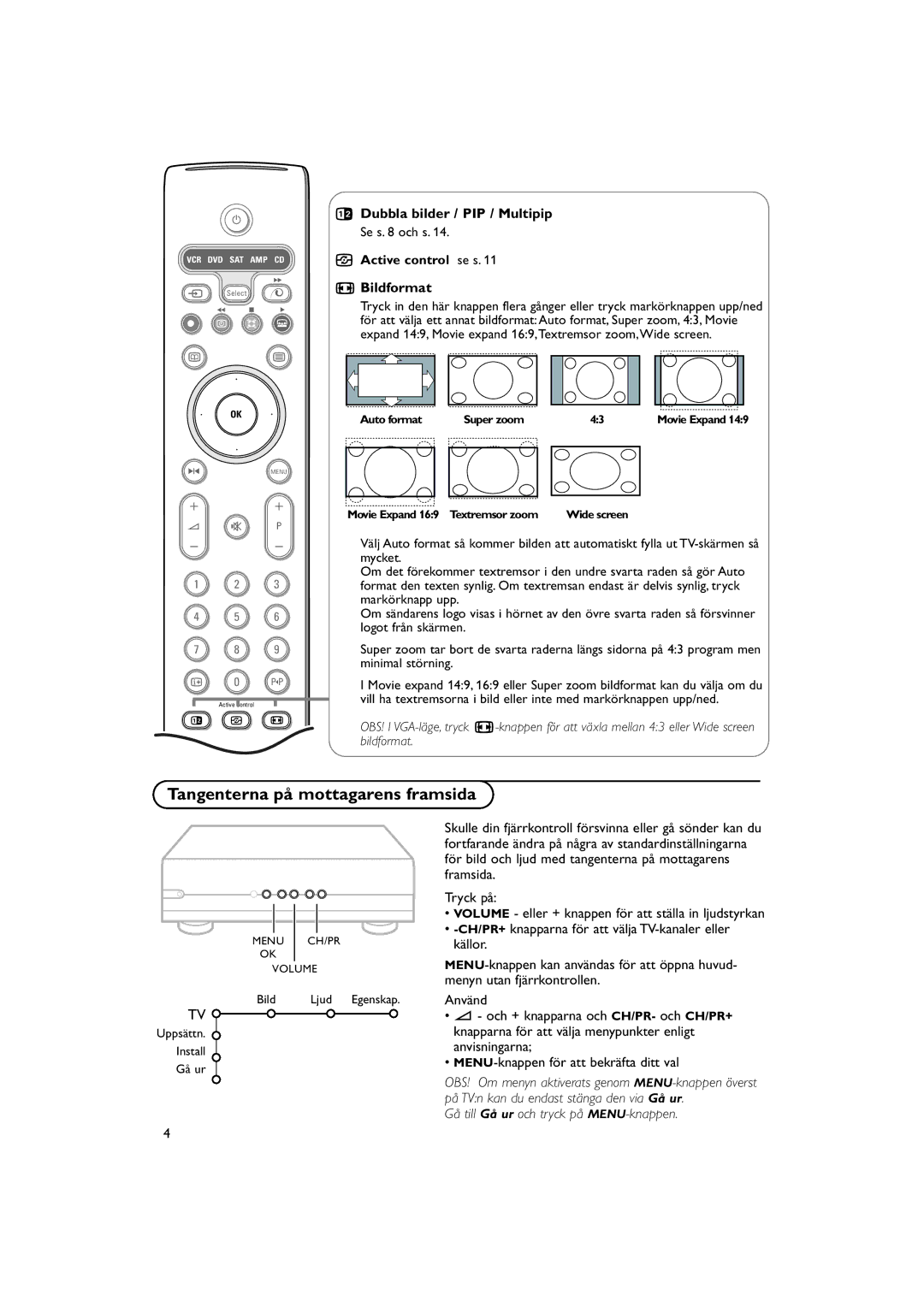 Philips FTR 9965/12 manual Tangenterna på mottagarens framsida, Bildformat, Gå till Gå ur och tryck på MENU-knappen 