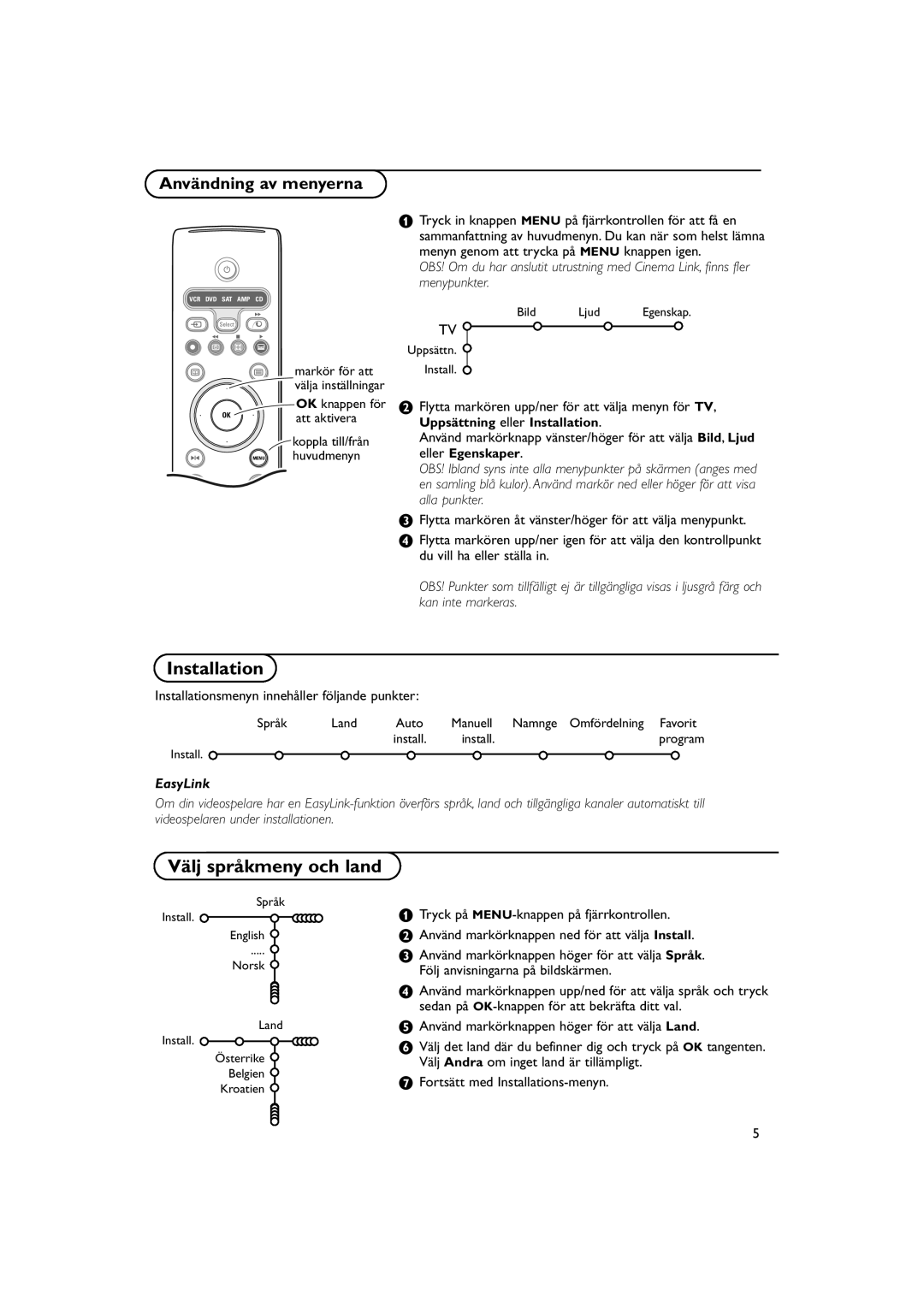 Philips FTR 9965/12 manual Installation, Välj språkmeny och land, Användning av menyerna 