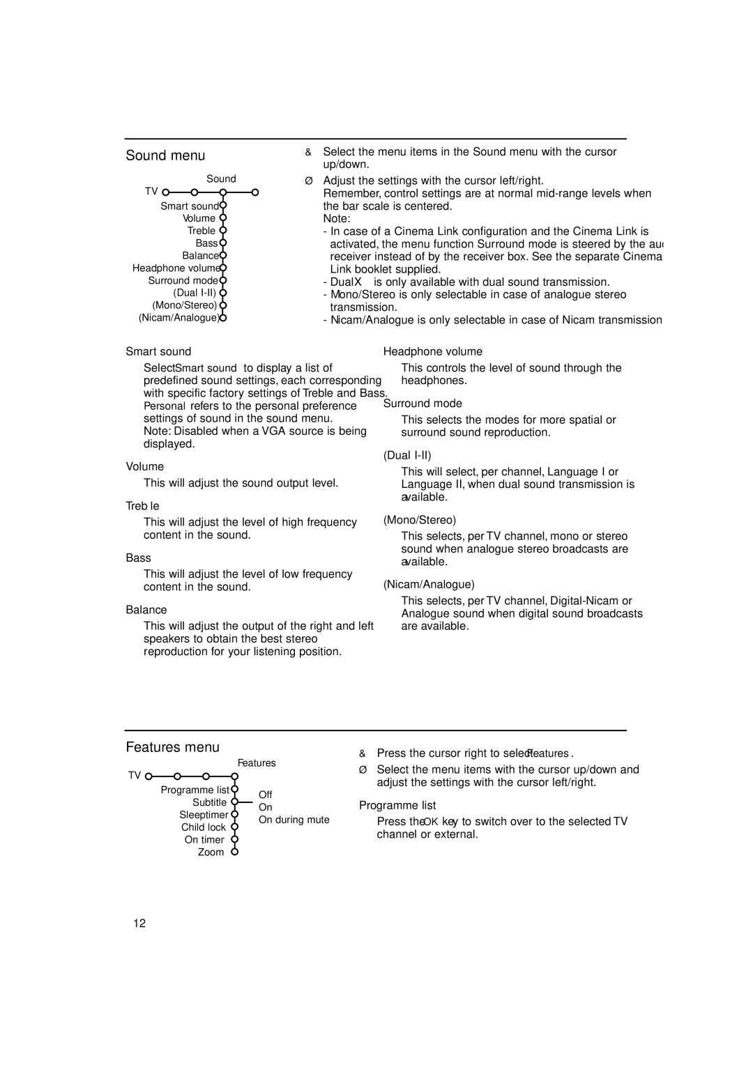 Philips FTR 9965/12 manual Sound menu, Features menu 