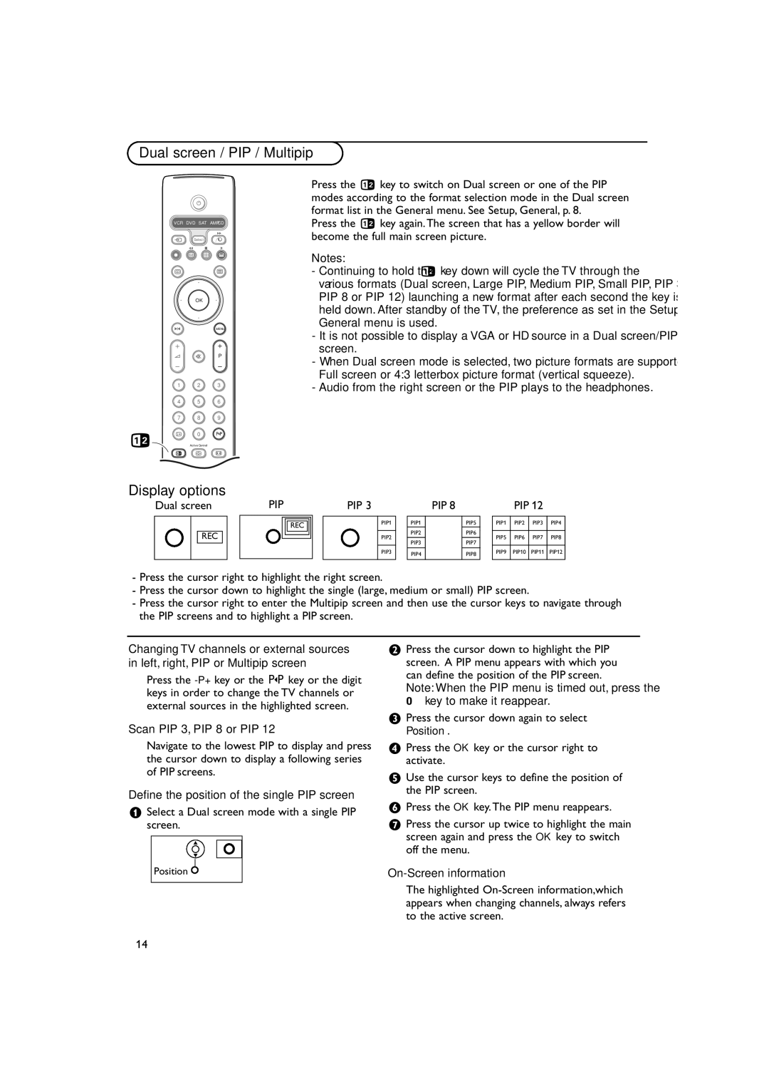 Philips FTR 9965/12 manual Dual screen / PIP / Multipip, Display options, Scan PIP 3, PIP 8 or PIP, On-Screen information 