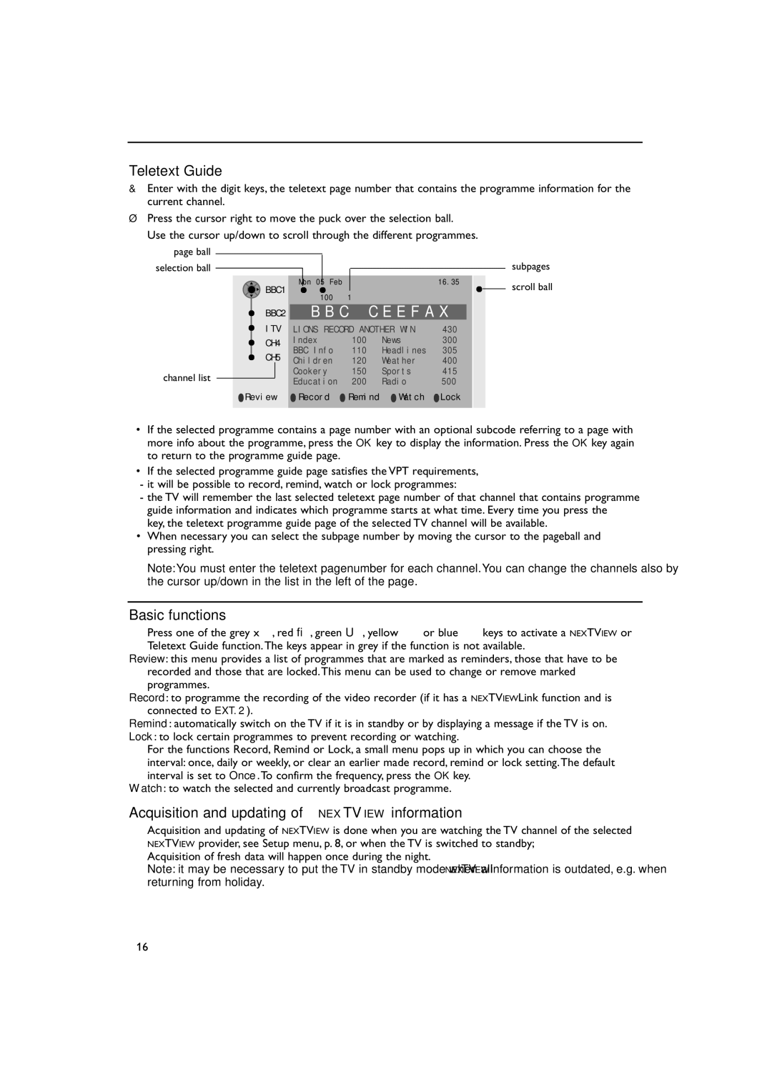 Philips FTR 9965/12 manual Teletext Guide, Basic functions, Acquisition and updating of Nextview information 