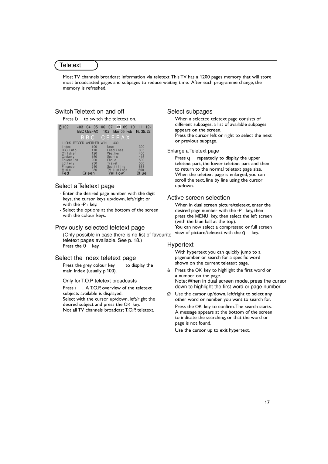 Philips FTR 9965/12 manual Switch Teletext on and off, Select a Teletext, Previously selected teletext, Select subpages 