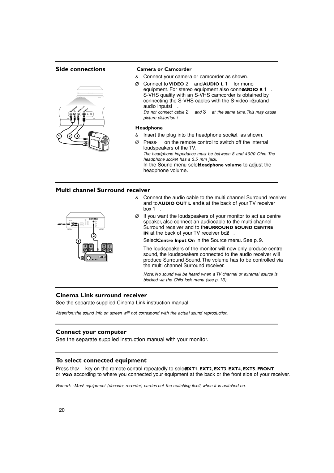 Philips FTR 9965/12 manual Side connections, Multi channel Surround receiver, Camera or Camcorder, Headphone 