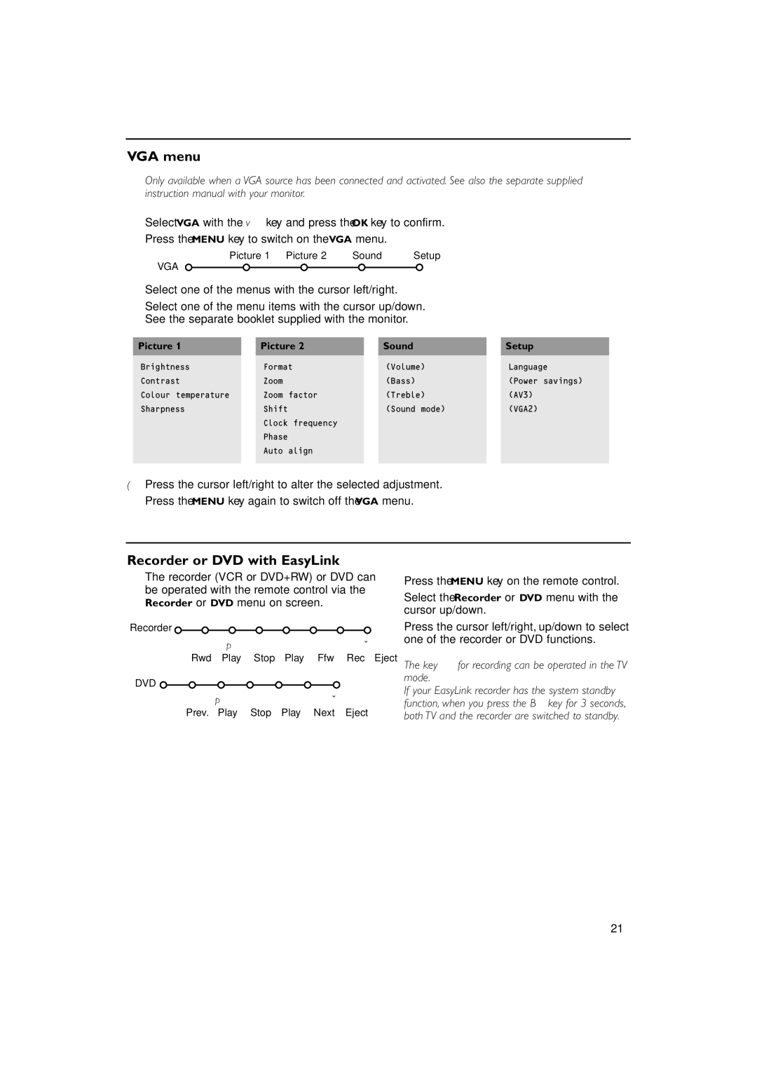 Philips FTR 9965/12 manual VGA menu, Recorder or DVD with EasyLink, Select one of the menus with the cursor left/right 