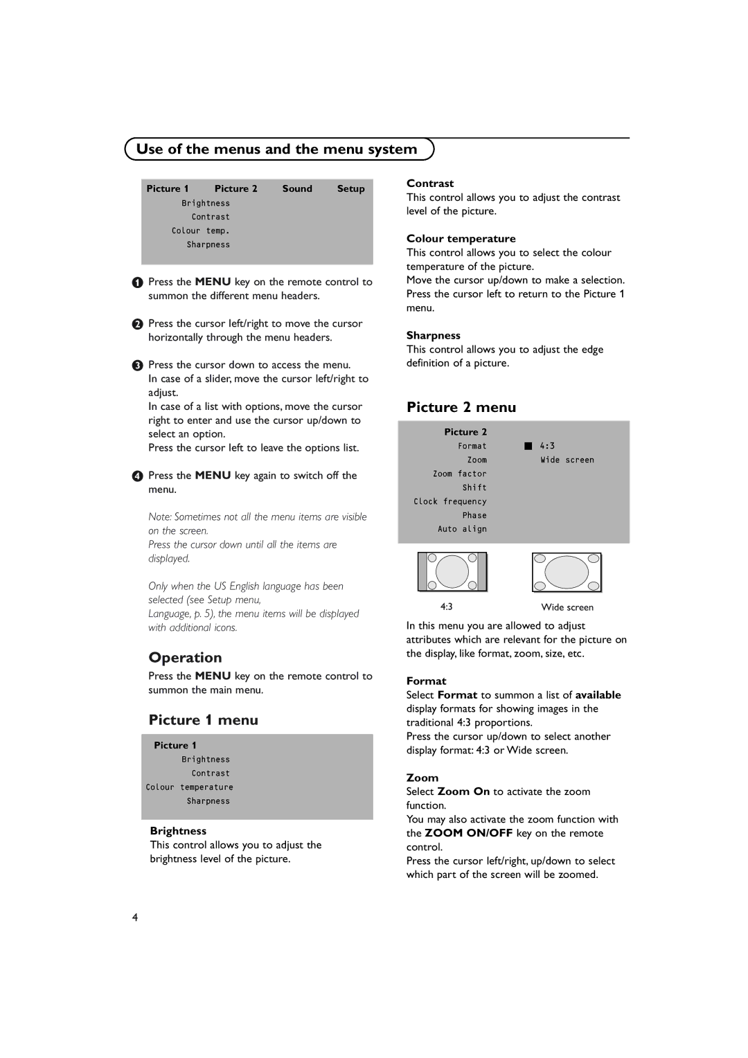 Philips FTR 9965/12 manual Use of the menus and the menu system, Picture 1 menu, Picture 2 menu, Colour temperature, Format 