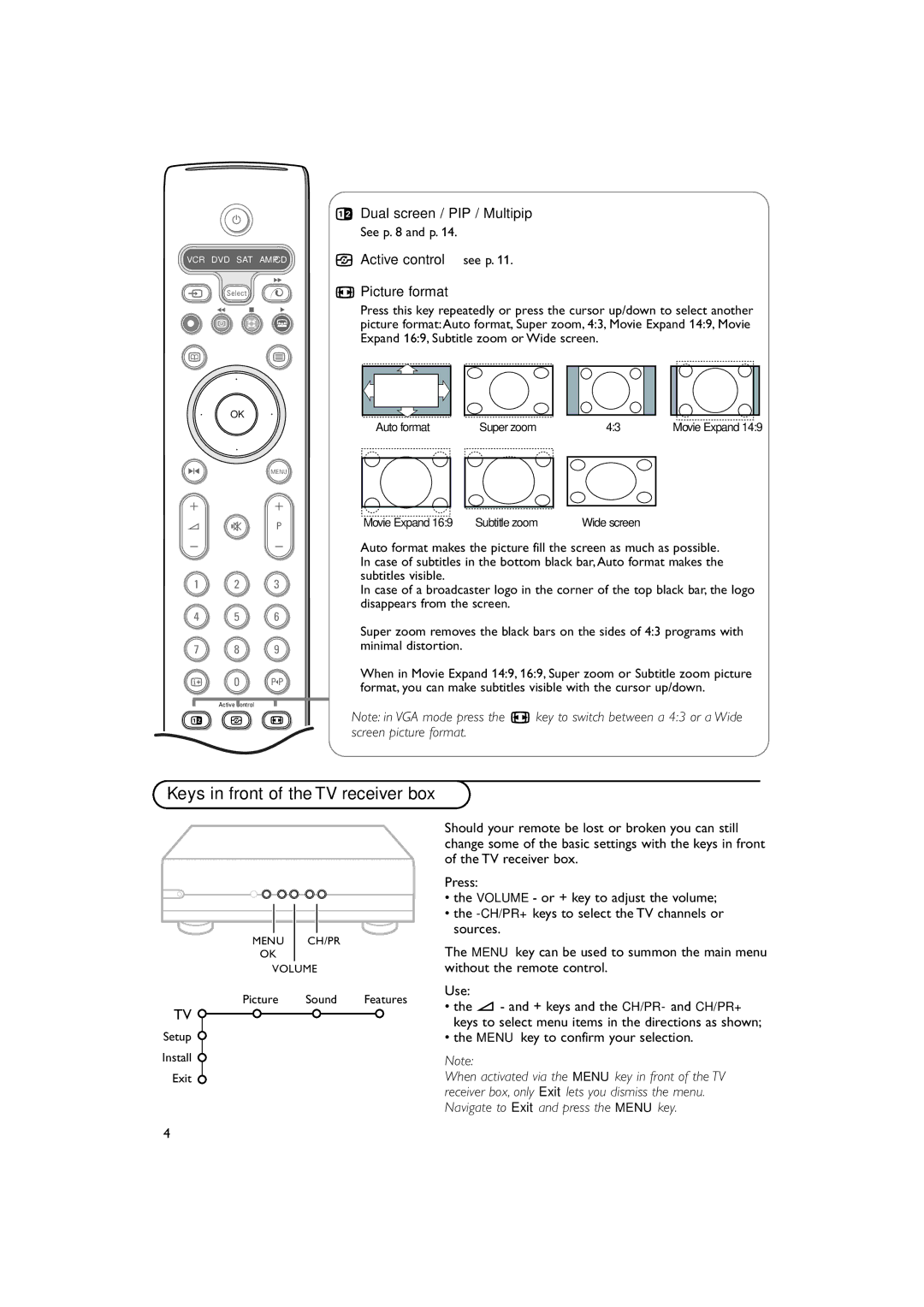 Philips FTR 9965/12 manual Keys in front of the TV receiver box, Active control see p Picture format 