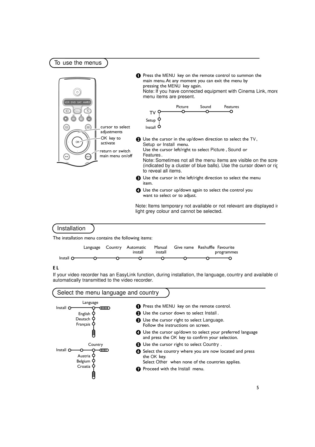 Philips FTR 9965/12 manual To use the menus, Installation, Select the menu language and country 