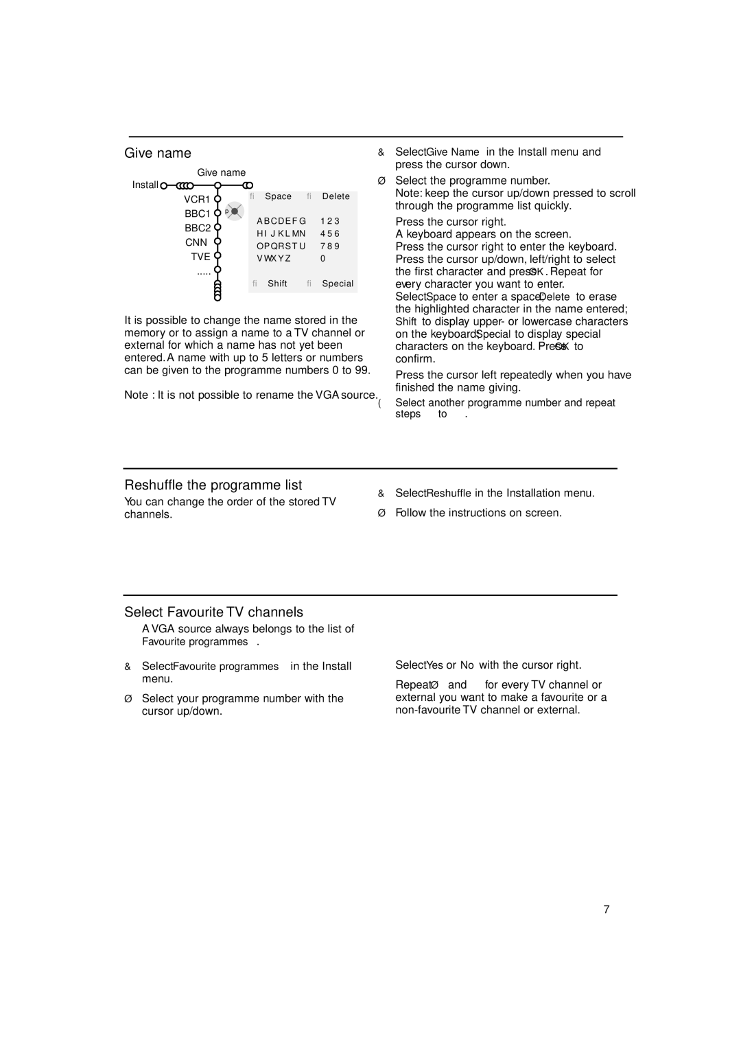 Philips FTR 9965/12 manual Give name, Reshuffle the programme list, Select Favourite TV channels, Channels 