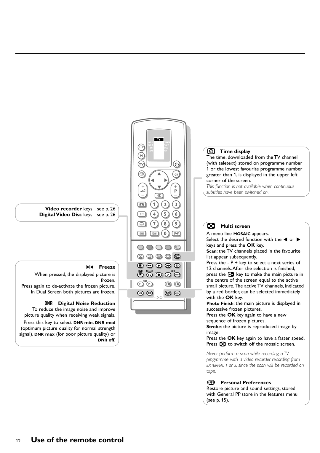 Philips FTR9952/12 manual Video recorder keys, Freeze, Time display, Multi screen, Personal Preferences 