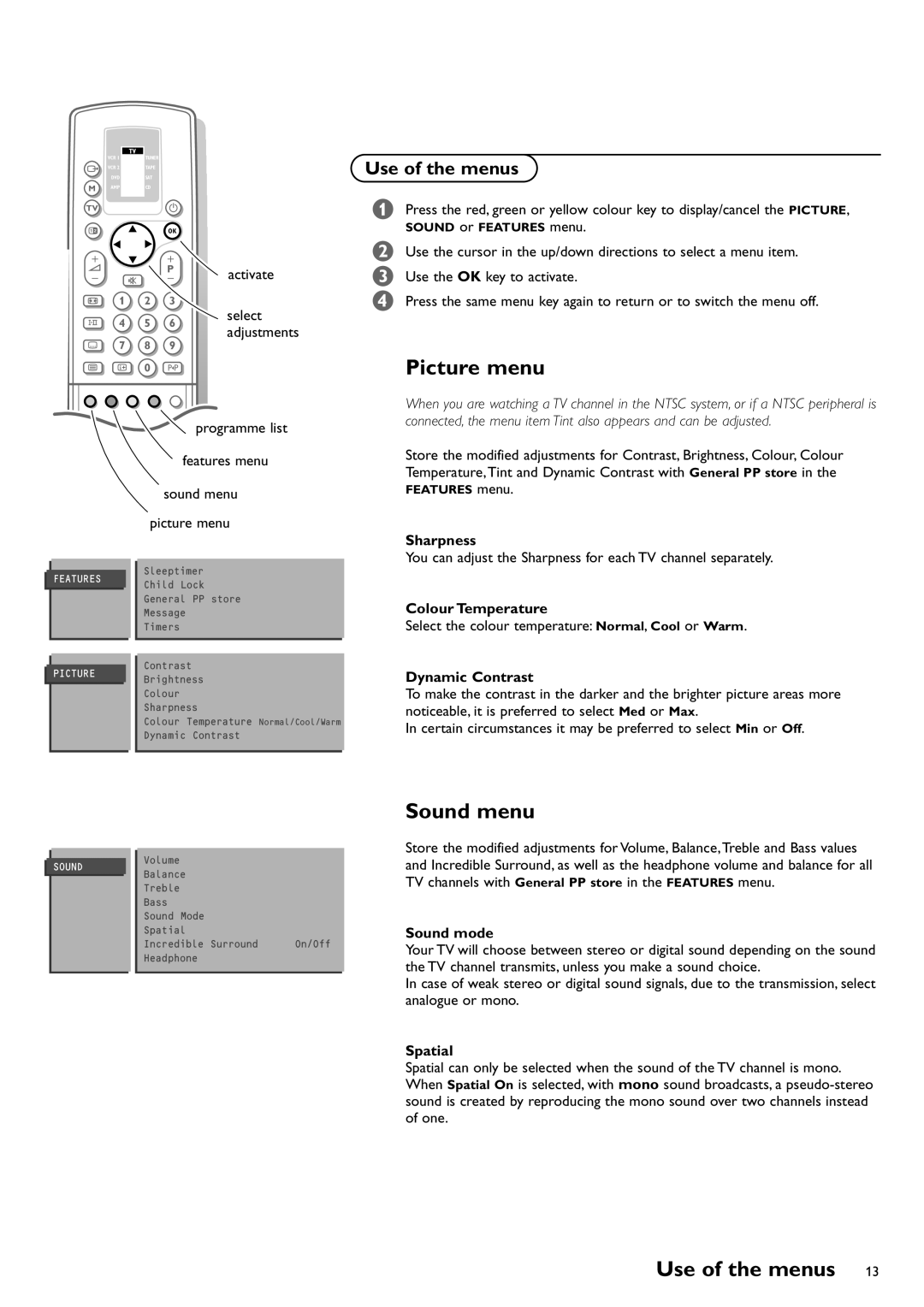 Philips FTR9952/12 manual Picture menu, Use of the menus 