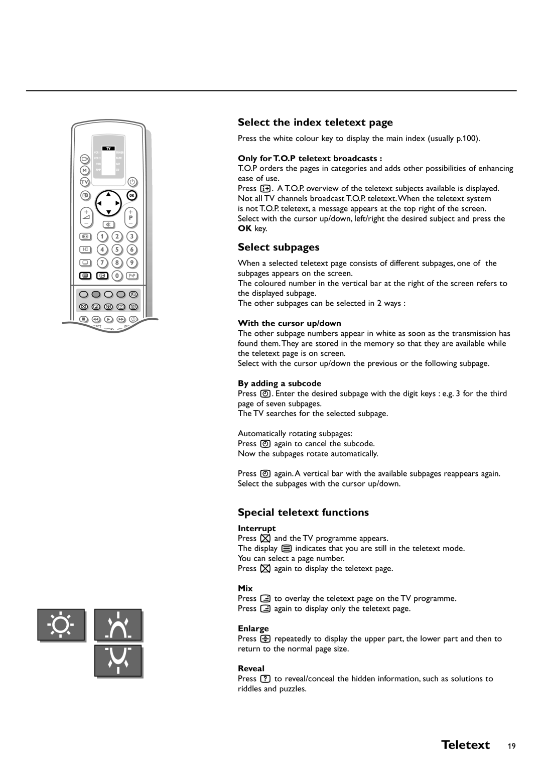 Philips FTR9952/12 manual Select the index teletext, Select subpages, Special teletext functions 