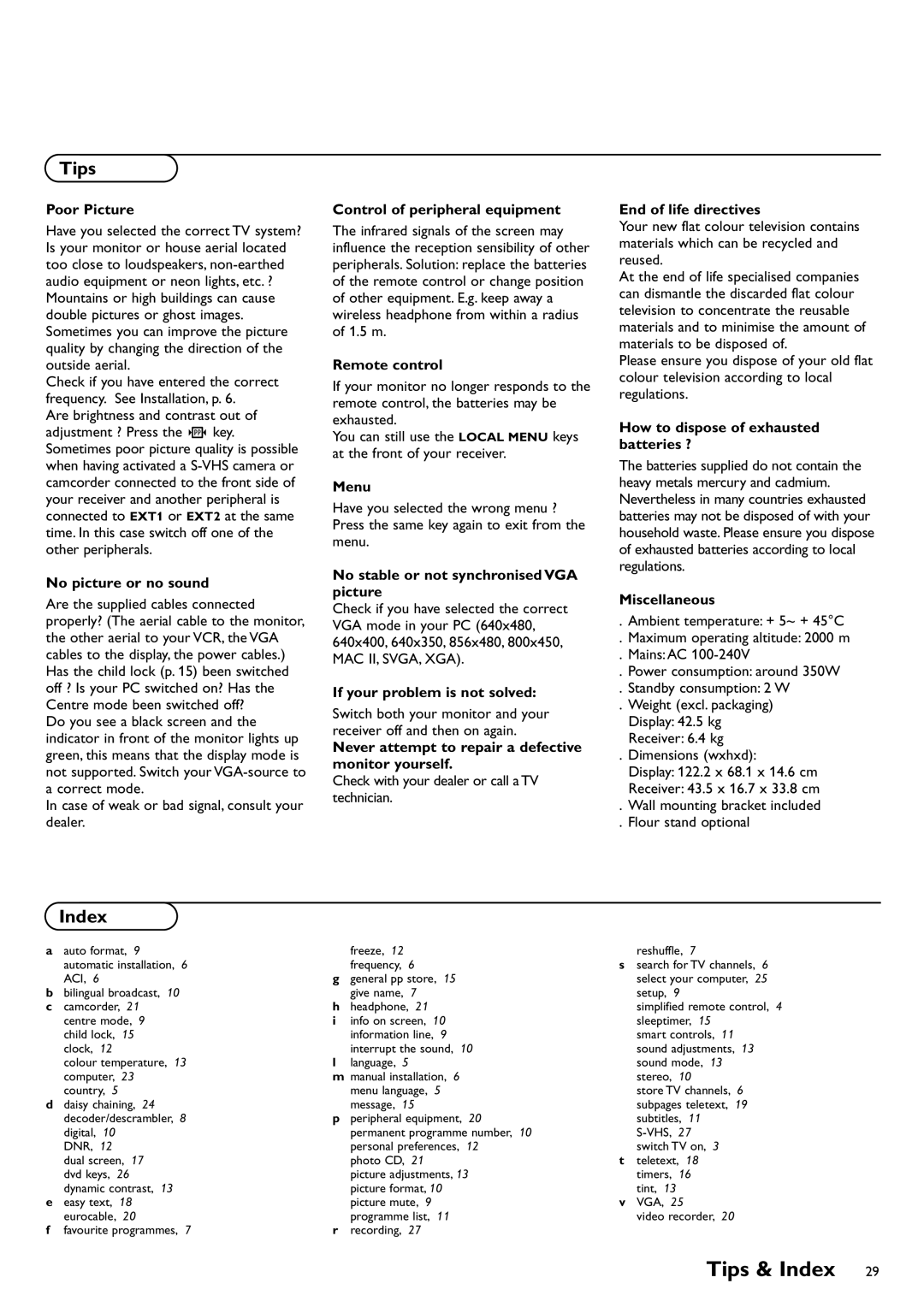 Philips FTR9952/12 manual Tips & Index 