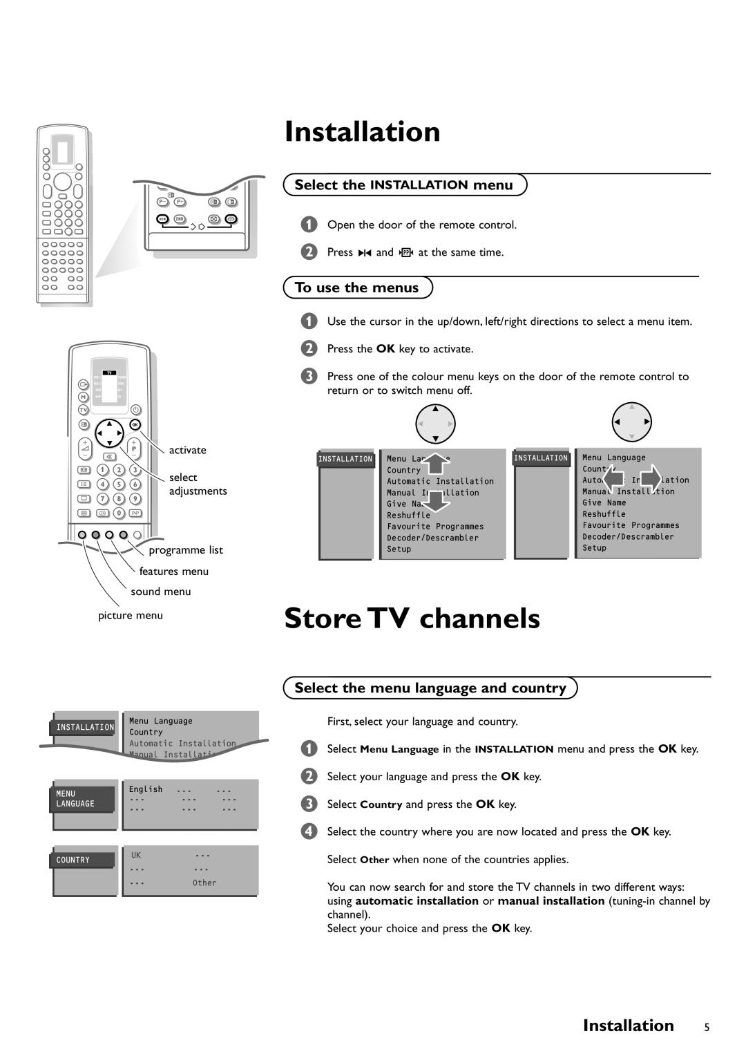 Philips FTR9952/12 manual Select the Installation menu, To use the menus, Select the menu language and country 