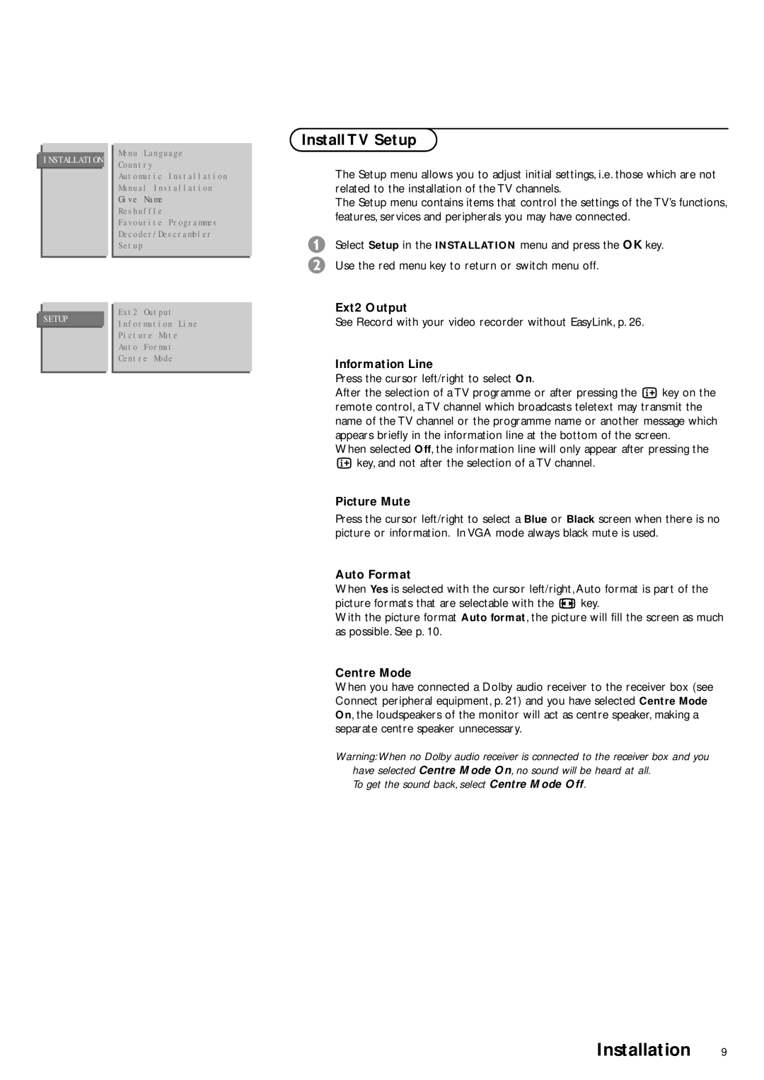 Philips FTR9952/19S manual Install TV Setup 