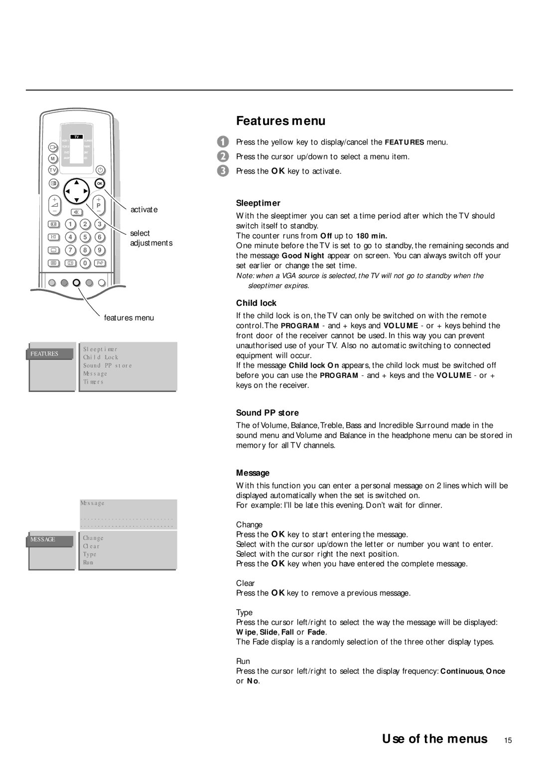 Philips FTR9952/19S manual Features menu, Sleeptimer, Child lock, Sound PP store, Message 