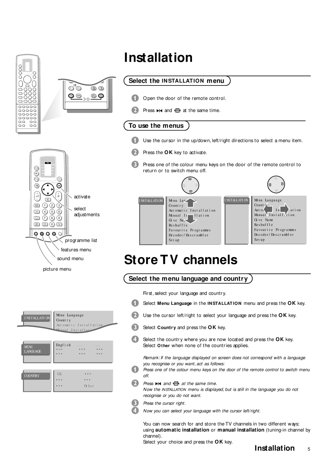 Philips FTR9952/19S manual Select the Installation menu, To use the menus, Select the menu language and country 