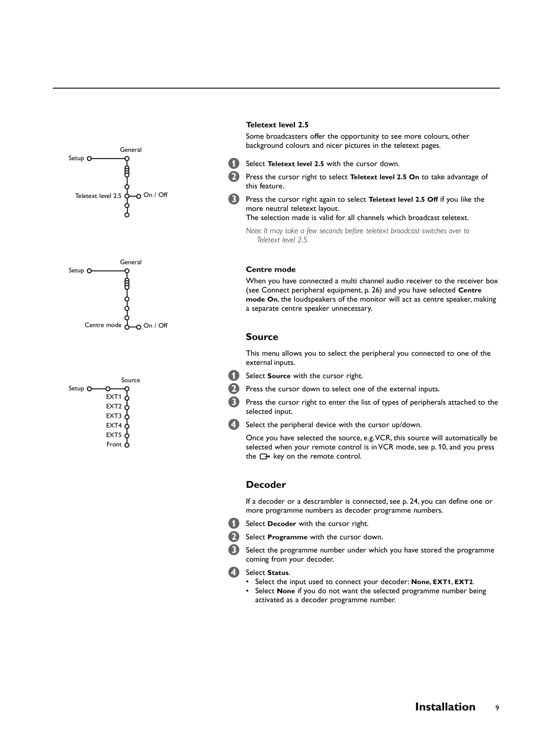 Philips FTR9955/12 manual Source, Decoder, Teletext level, Centre mode 
