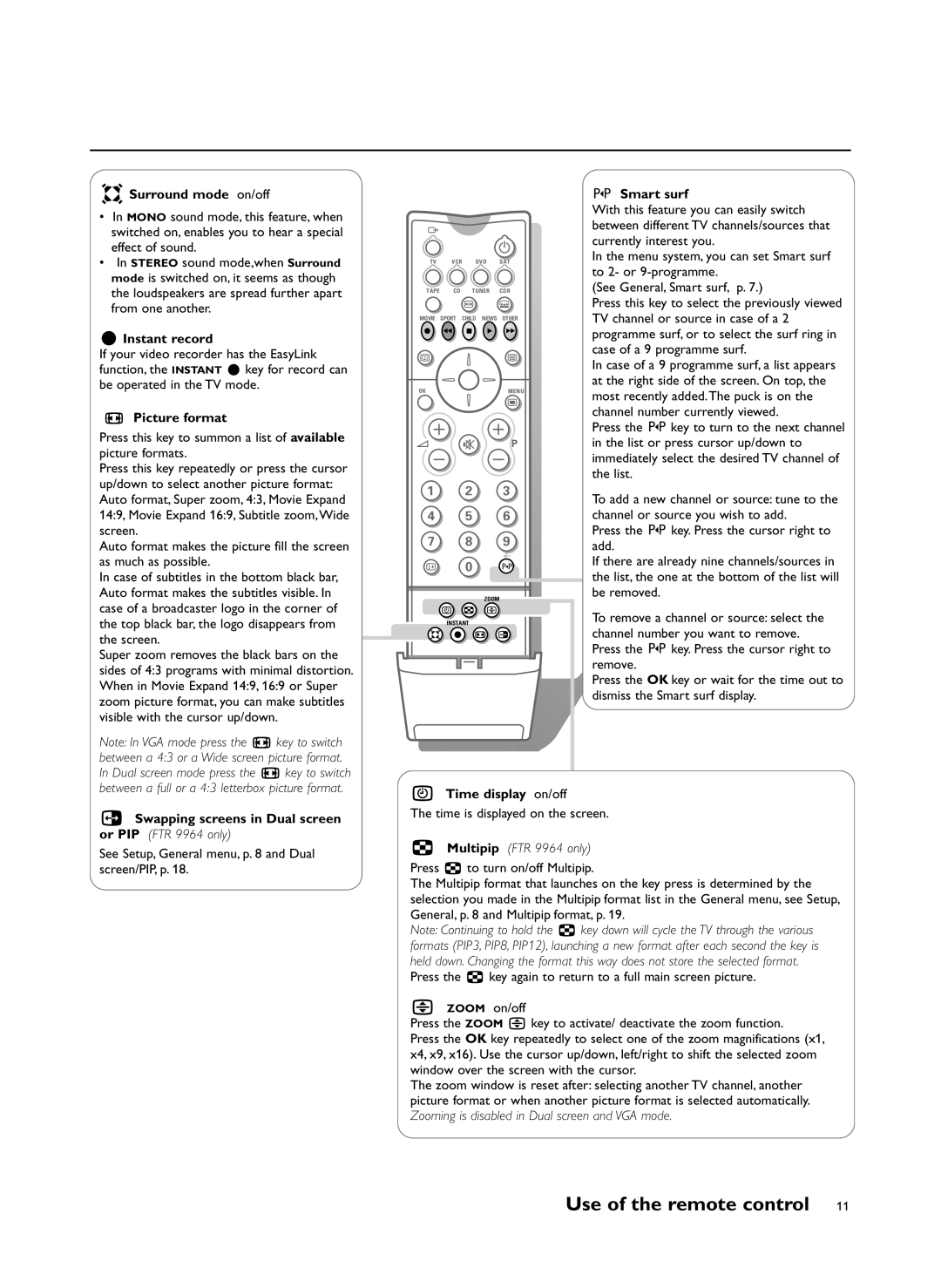 Philips FTR9955/12 manual Surround mode on/off, Instant record, Picture format, Time display on/off 