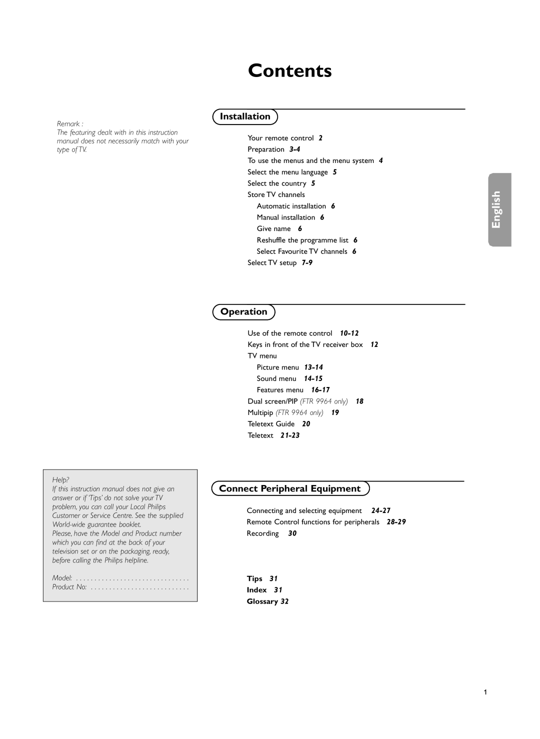 Philips FTR9955/12 manual Contents 