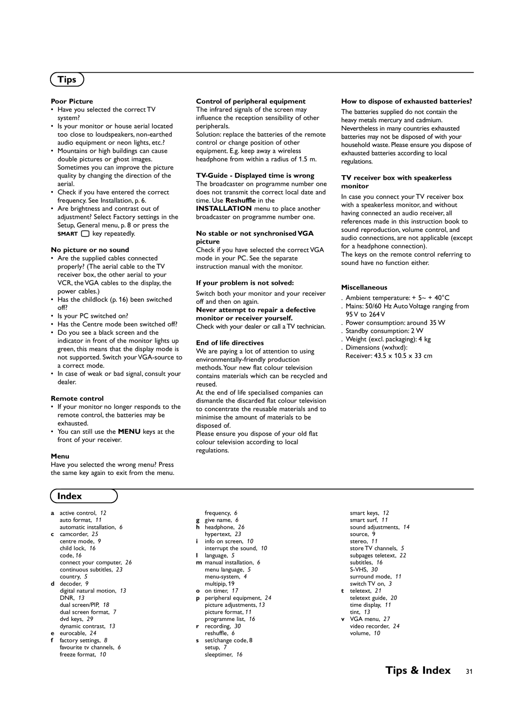 Philips FTR9955/12 manual Tips & Index 