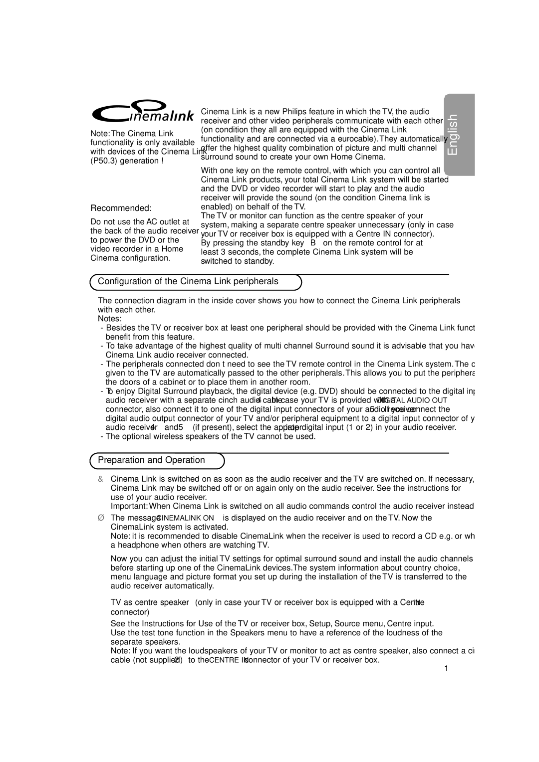 Philips FTR9955/12 manual Recommended, Configuration of the Cinema Link peripherals, Preparation and Operation 