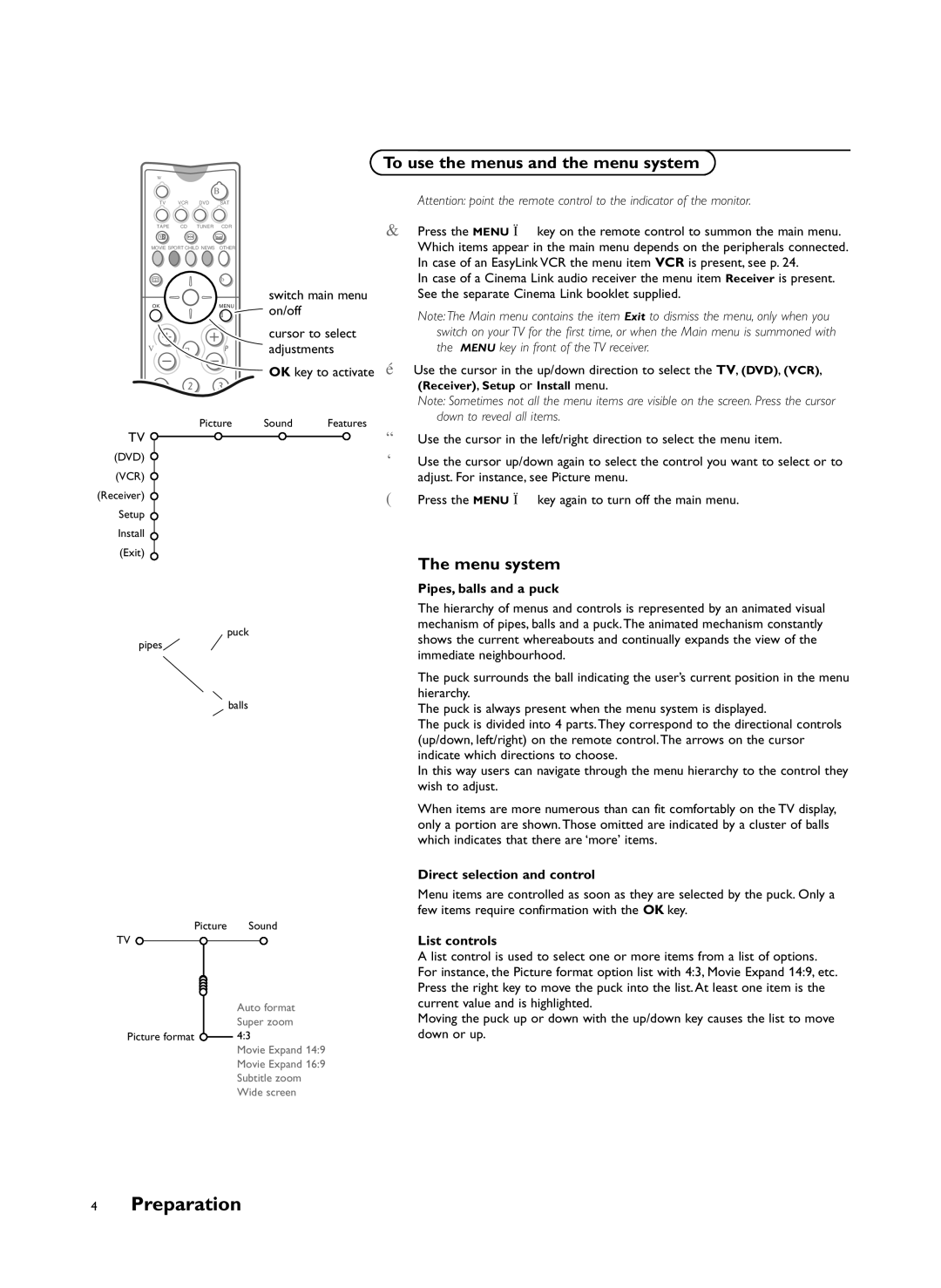 Philips FTR9955/12 manual To use the menus and the menu system, Menu system, Pipes, balls and a puck, List controls 