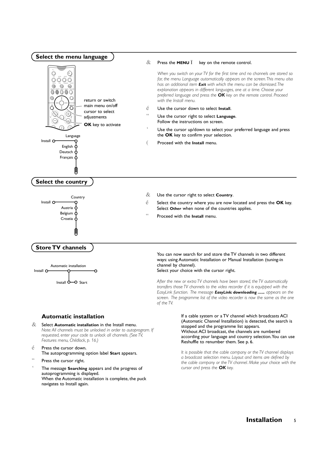 Philips FTR9955/12 Installation, Select the menu language, Select the country, Store TV channels, Automatic installation 