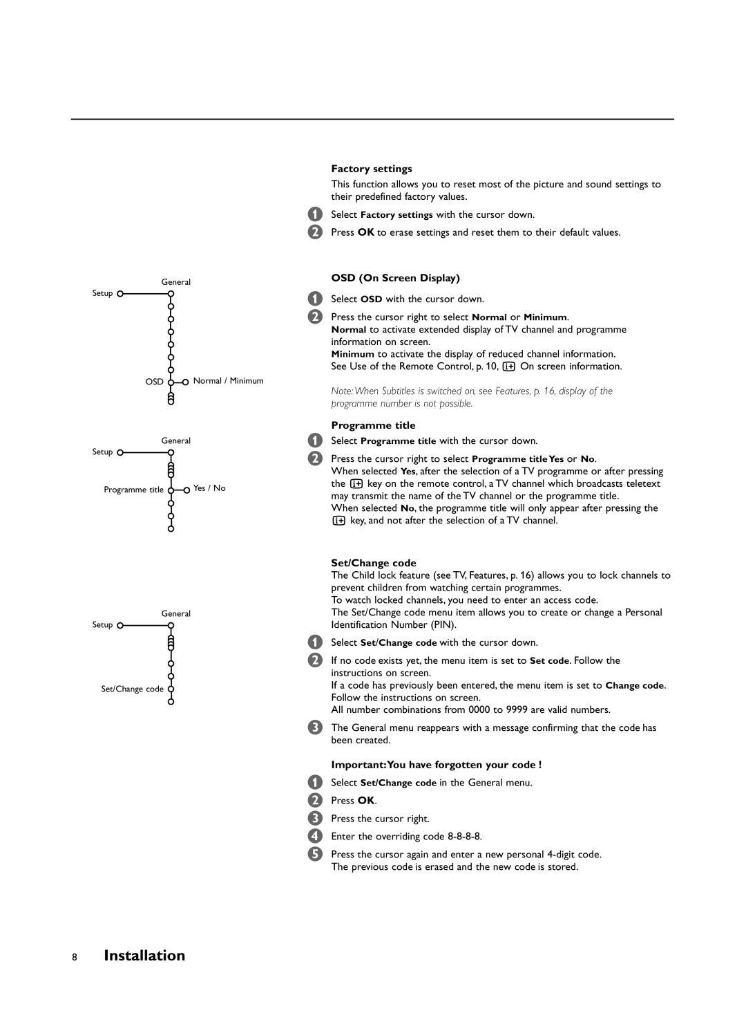 Philips FTR9955/12 manual Factory settings, OSD On Screen Display, Programme title, Set/Change code 