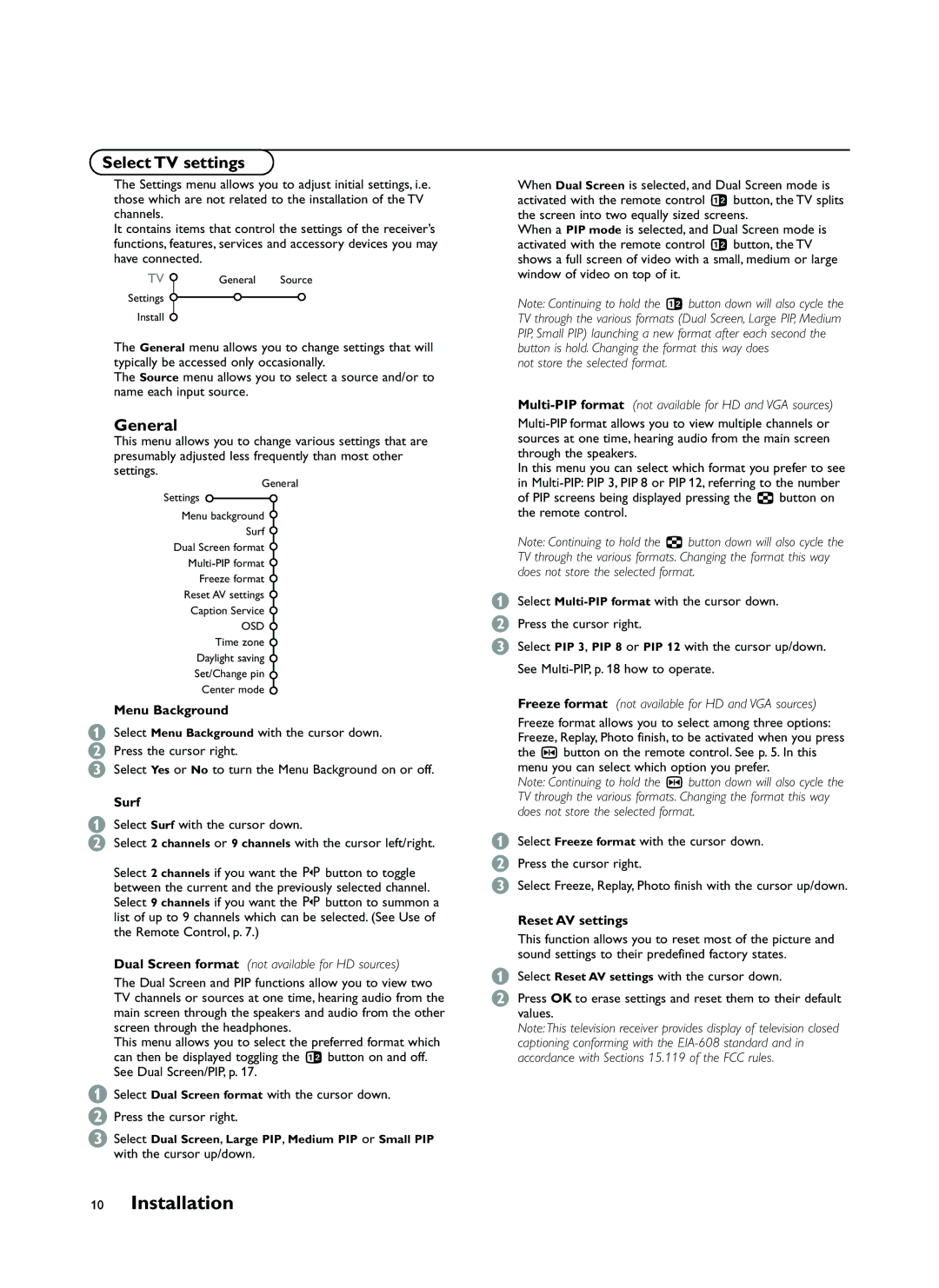 Philips FTR9964 manual Select TV settings, General, Menu Background, Surf, Reset AV settings 