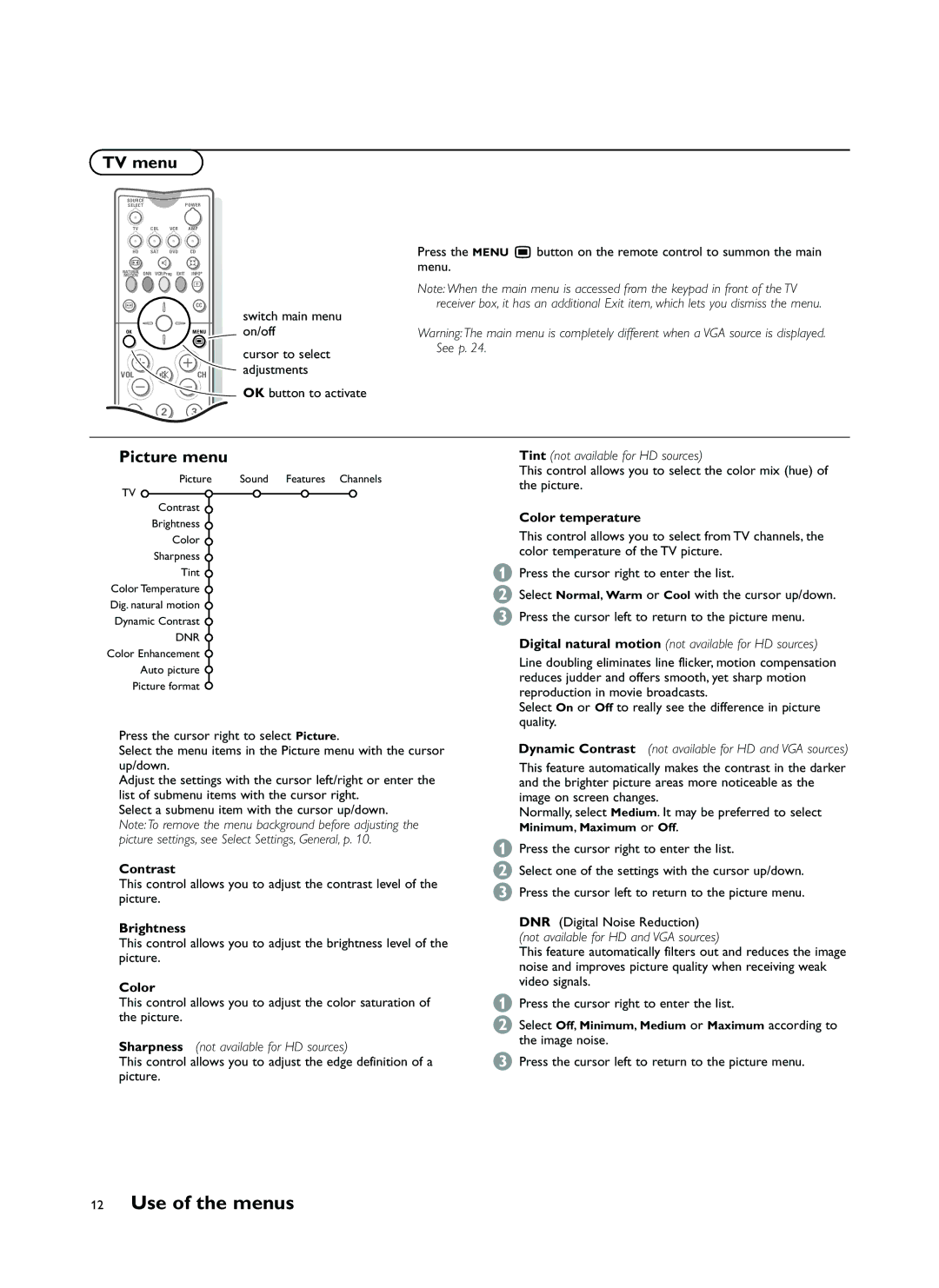 Philips FTR9964 manual Use of the menus, TV menu, Picture menu 