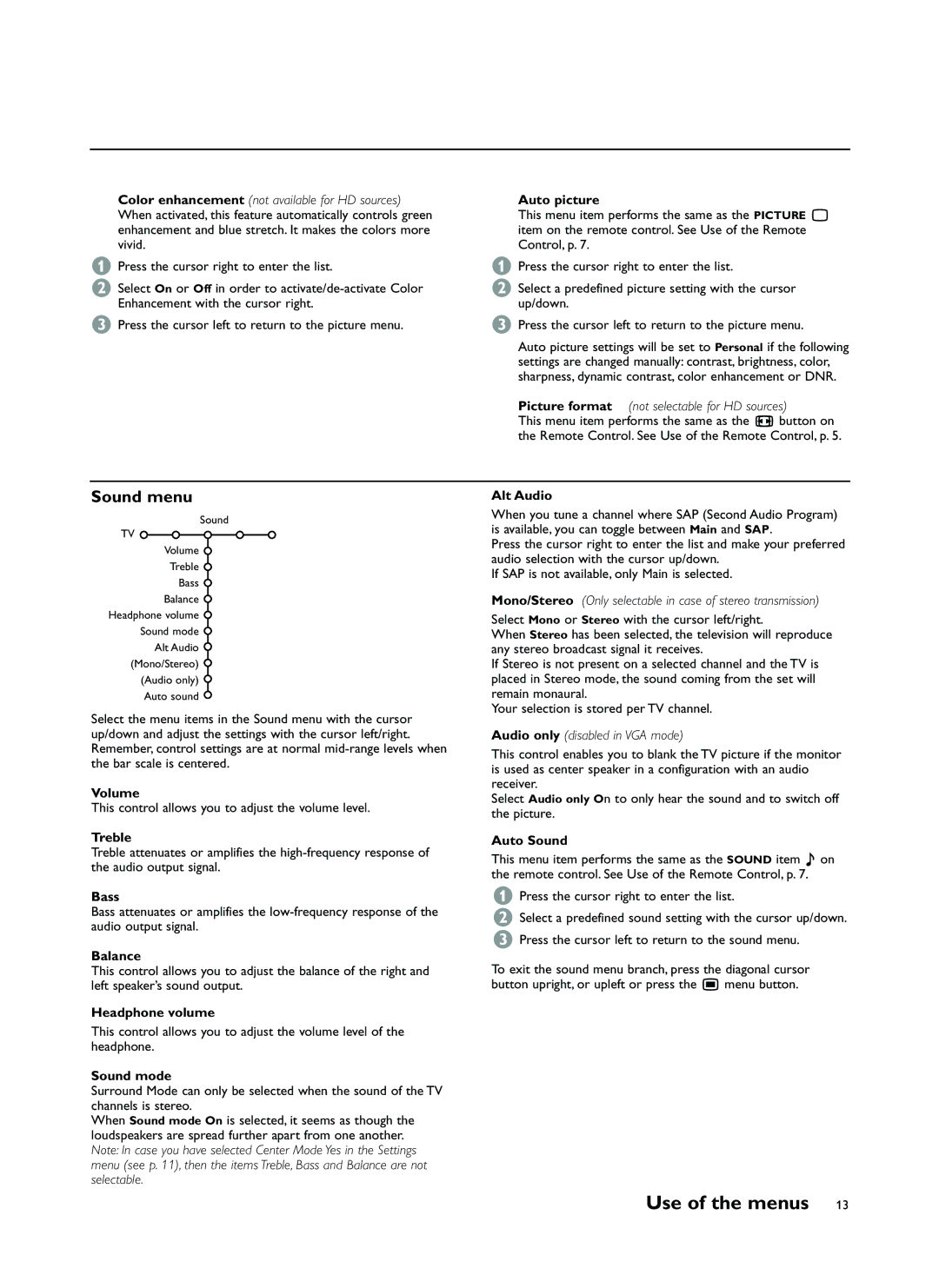 Philips FTR9964 manual Use of the menus 