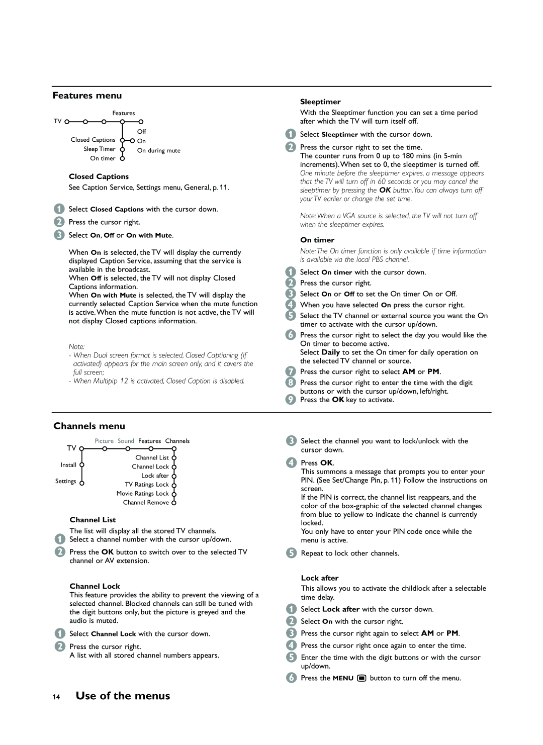 Philips FTR9964 manual Features menu, Channels menu 