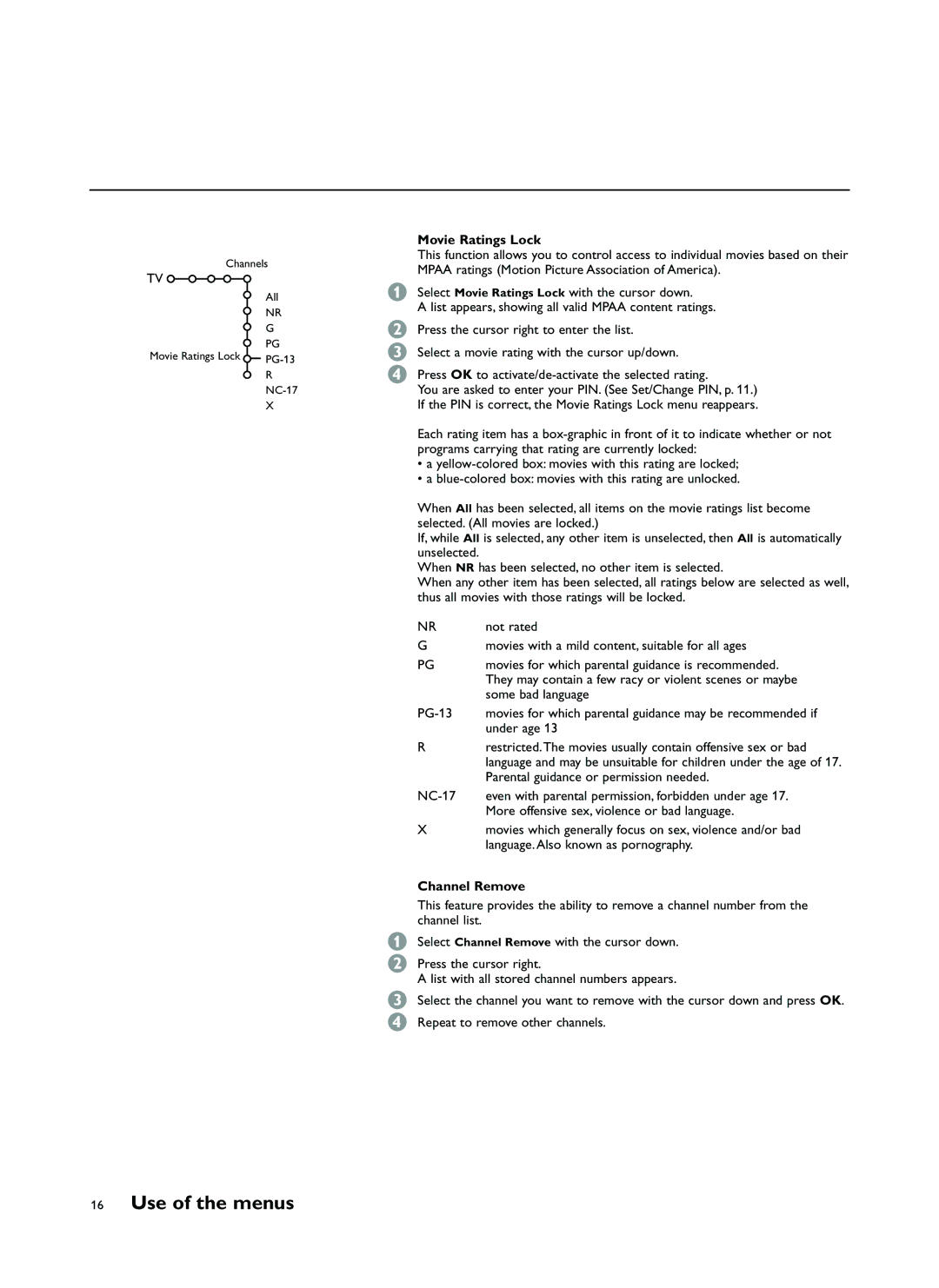 Philips FTR9964 manual Movie Ratings Lock, Some bad language, PG-13, Under age, Channel Remove 