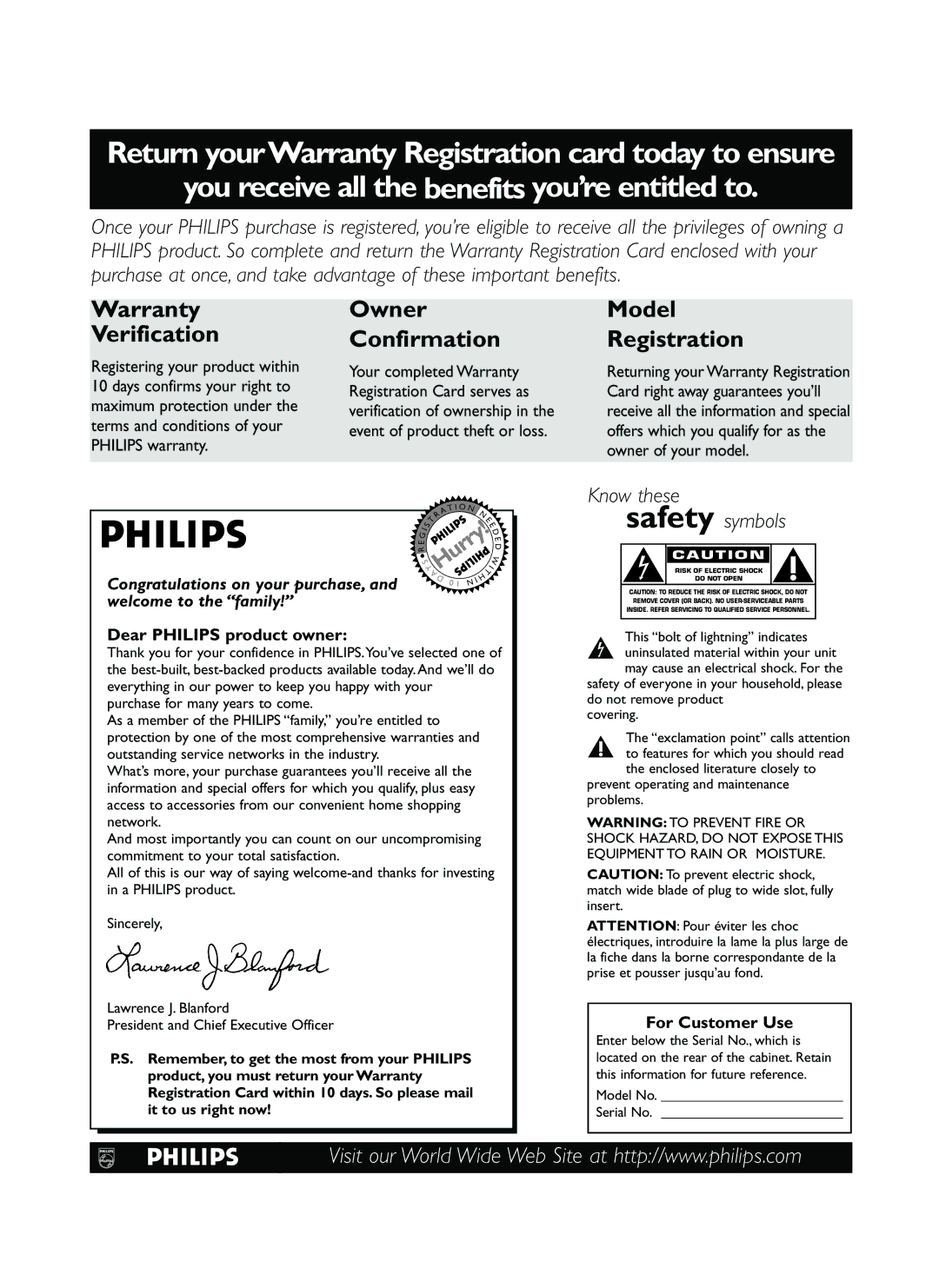 Philips FTR9964 manual Dear Philips product owner, For Customer Use, Prevent operating and maintenance problems 